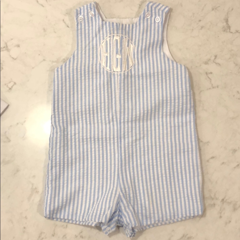 GUC condition, monogram, blue seersucker short-all